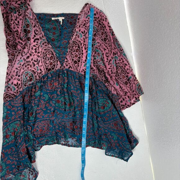 Anthropologie Floreat Valo Velvet Burnout Boho Silk Blend Teal Pink Top S - Picture 7 of 12